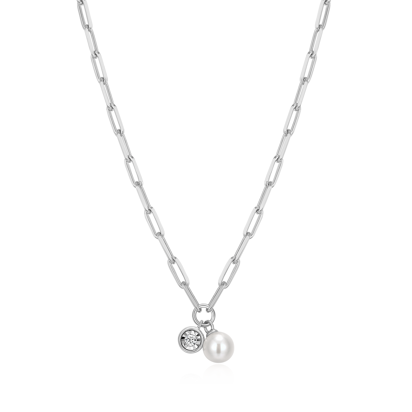 June Birthstone Freshwater Pearl & Lab-Created Diamond Mini Paperclip Necklace in Rhodium-Plated Sterling Silver | M by Monte Luna