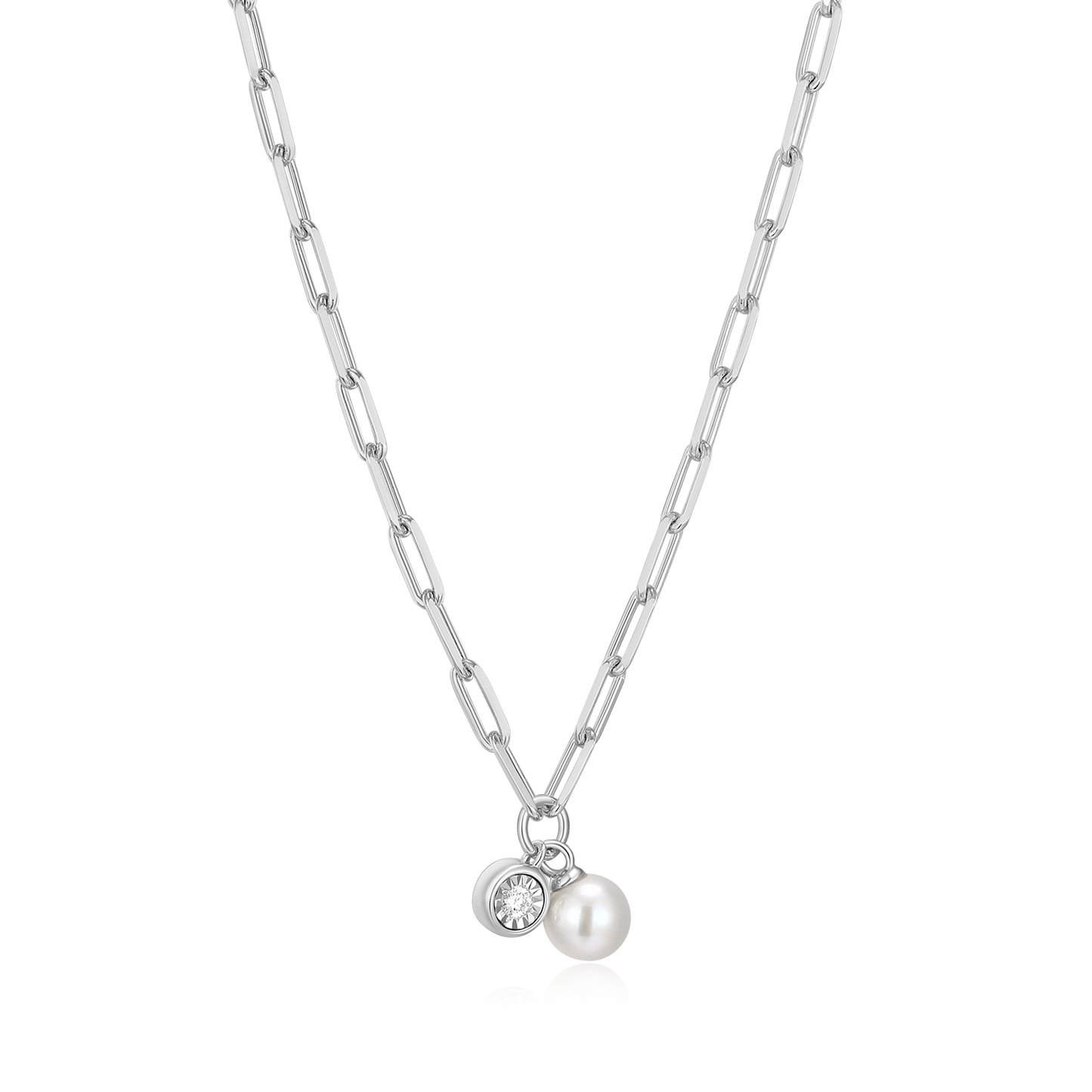 June Birthstone Freshwater Pearl & Lab-Created Diamond Mini Paperclip Necklace in Rhodium-Plated Sterling Silver | M by Monte Luna