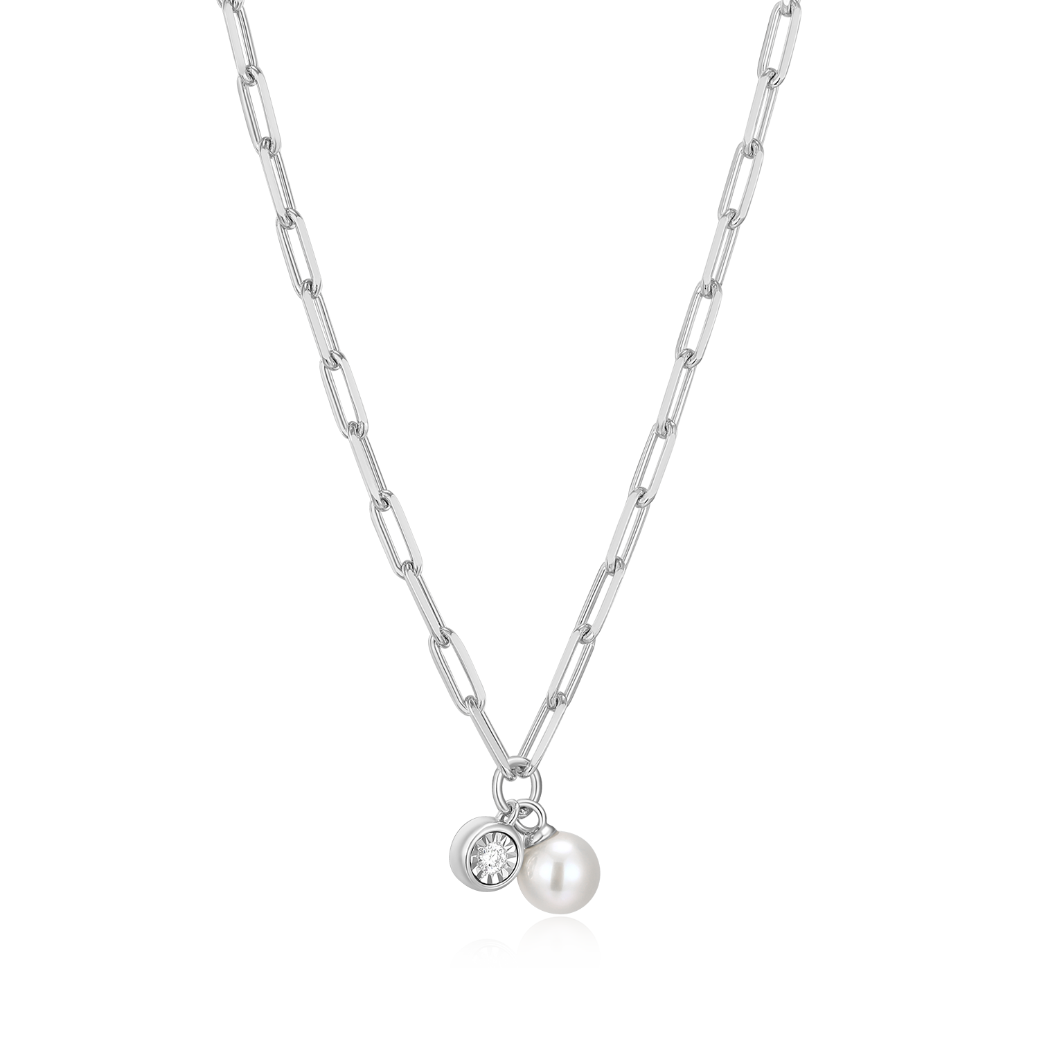 June Birthstone Freshwater Pearl & Lab-Created Diamond Mini Paperclip Necklace in Rhodium-Plated Sterling Silver | M by Monte Luna