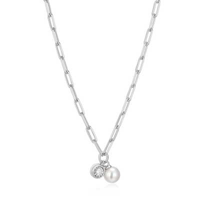 June Birthstone Freshwater Pearl & Lab-Created Diamond Mini Paperclip Necklace in Rhodium-Plated Sterling Silver | M by Monte Luna