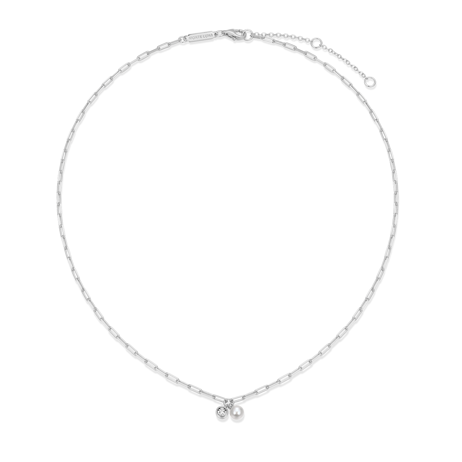 June Birthstone Freshwater Pearl & Lab-Created Diamond Mini Paperclip Necklace in Rhodium-Plated Sterling Silver | M by Monte Luna