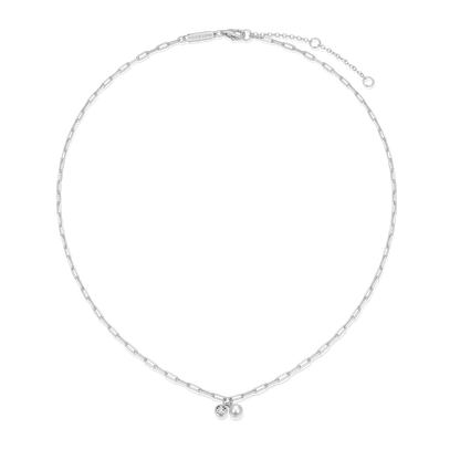 June Birthstone Freshwater Pearl & Lab-Created Diamond Mini Paperclip Necklace in Rhodium-Plated Sterling Silver | M by Monte Luna