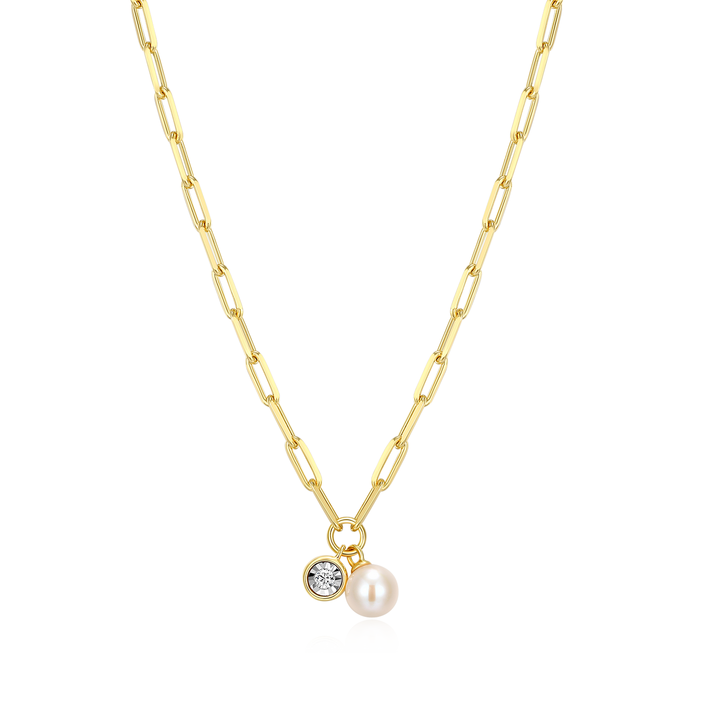 June Birthstone Freshwater Pearl & Lab-Created Diamond Mini Paperclip Necklace in 14K Yellow Gold-Plated Sterling Silver | M by Monte Luna