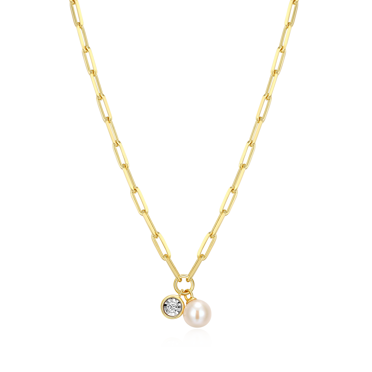 June Birthstone Freshwater Pearl & Lab-Created Diamond Mini Paperclip Necklace in 14K Yellow Gold-Plated Sterling Silver | M by Monte Luna
