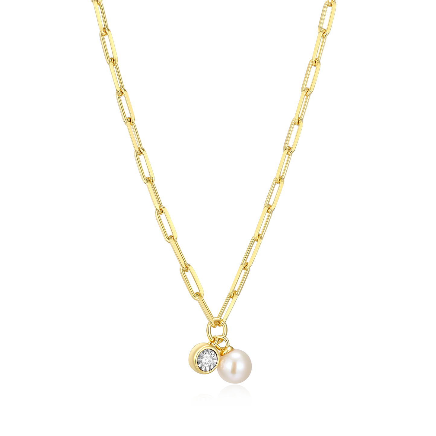 June Birthstone Freshwater Pearl & Lab-Created Diamond Mini Paperclip Necklace in 14K Yellow Gold-Plated Sterling Silver | M by Monte Luna