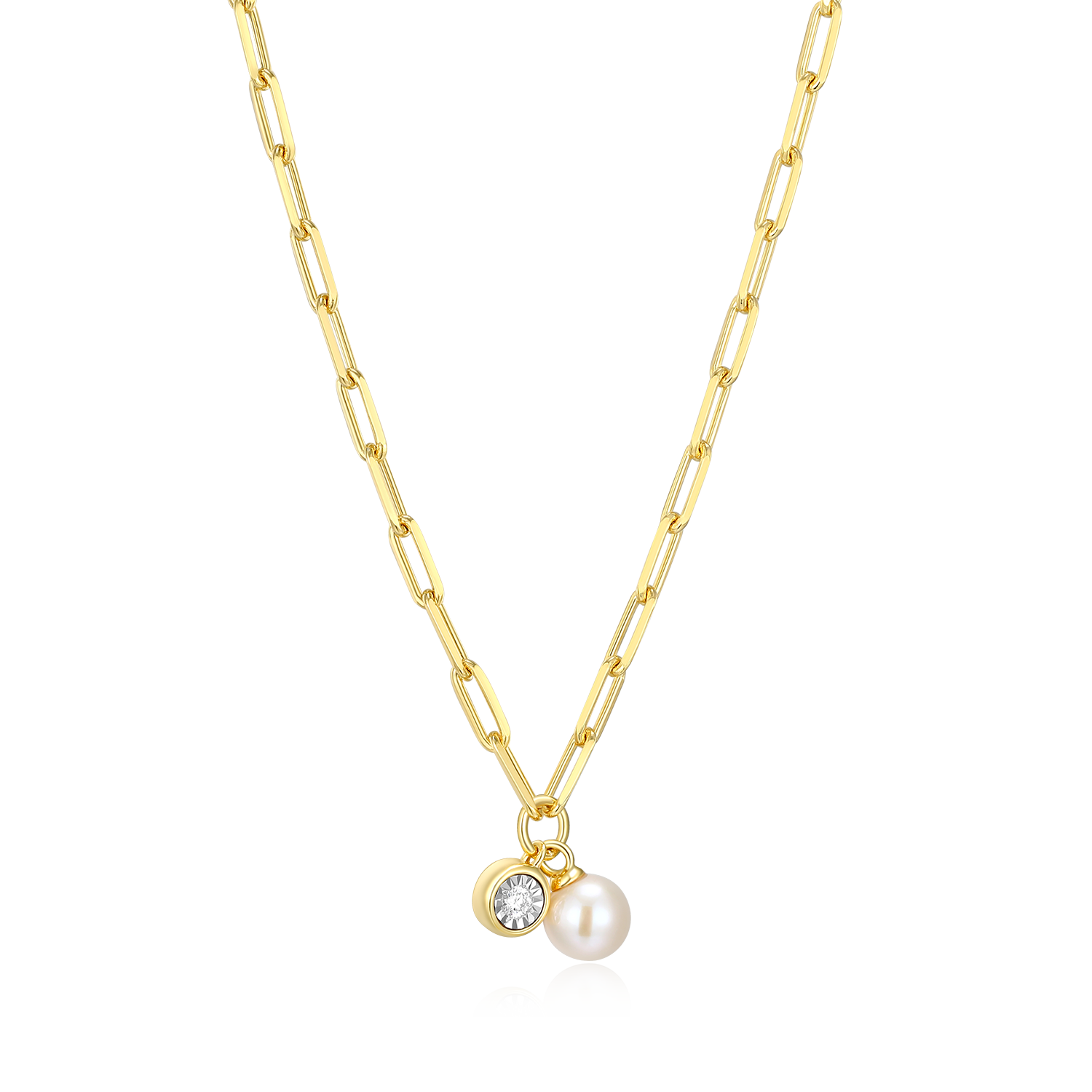 June Birthstone Freshwater Pearl & Lab-Created Diamond Mini Paperclip Necklace in 14K Yellow Gold-Plated Sterling Silver | M by Monte Luna