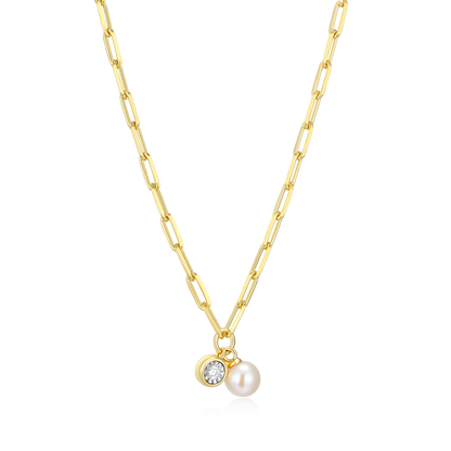 June Birthstone Freshwater Pearl & Lab-Created Diamond Mini Paperclip Necklace in 14K Yellow Gold-Plated Sterling Silver | M by Monte Luna