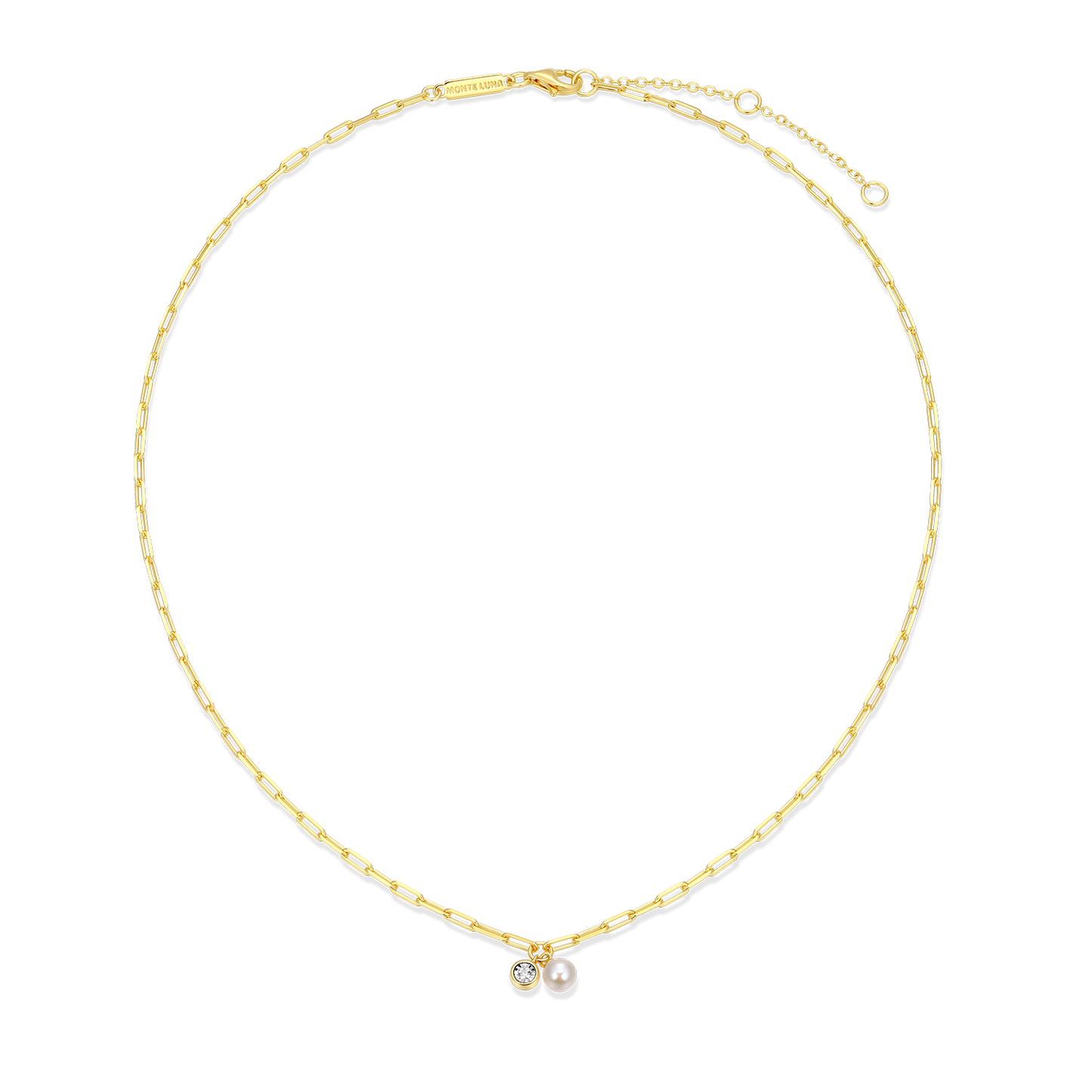 June Birthstone Freshwater Pearl & Lab-Created Diamond Mini Paperclip Necklace in 14K Yellow Gold-Plated Sterling Silver | M by Monte Luna