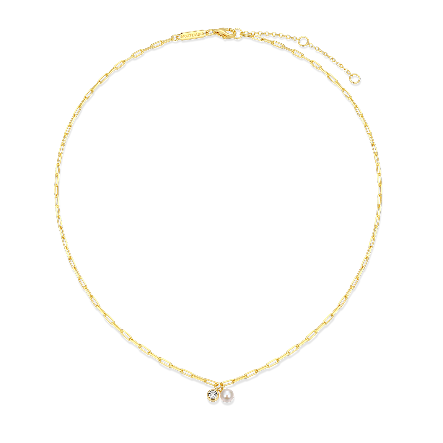 June Birthstone Freshwater Pearl & Lab-Created Diamond Mini Paperclip Necklace in 14K Yellow Gold-Plated Sterling Silver | M by Monte Luna