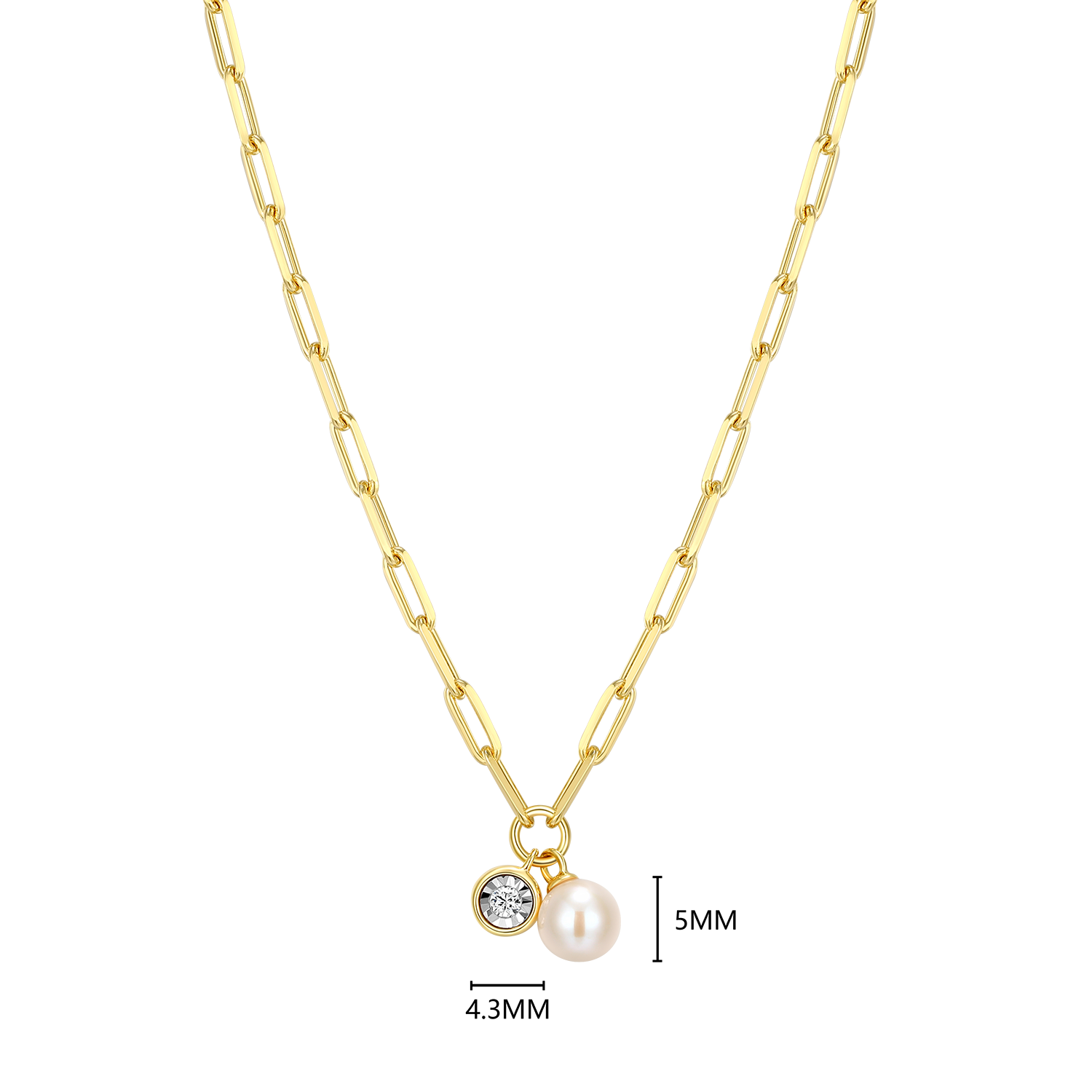 June Birthstone Freshwater Pearl & Lab-Created Diamond Mini Paperclip Necklace in 14K Yellow Gold-Plated Sterling Silver | M by Monte Luna