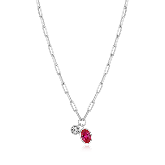 July Birthstone Lab-Created Ruby & Lab-Created Diamond Mini Paperclip Necklace in Rhodium-Plated Sterling Silver | M by Monte Luna