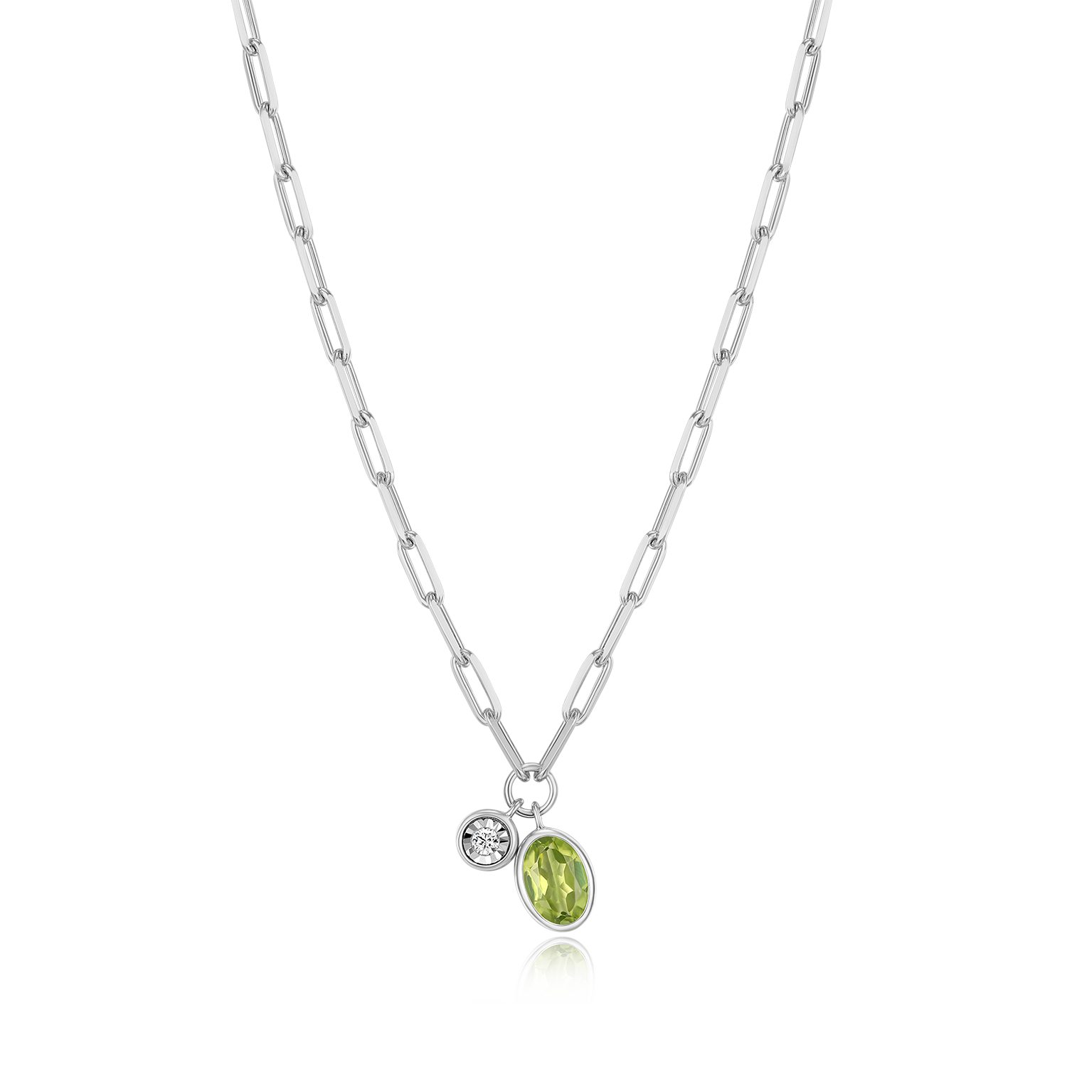 August Birthstone Genuine Peridot & Lab-Created Diamond Mini Paperclip Necklace in Rhodium-Plated Sterling Silver | M by Monte Luna