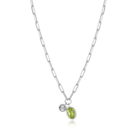 August Birthstone Genuine Peridot & Lab-Created Diamond Mini Paperclip Necklace in Rhodium-Plated Sterling Silver | M by Monte Luna