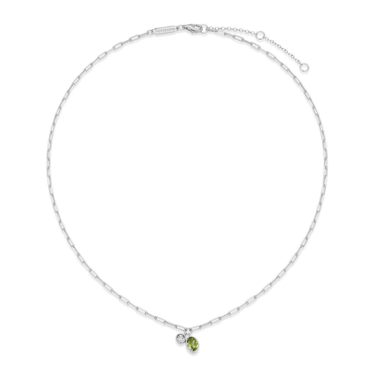 August Birthstone Genuine Peridot & Lab-Created Diamond Mini Paperclip Necklace in Rhodium-Plated Sterling Silver | M by Monte Luna