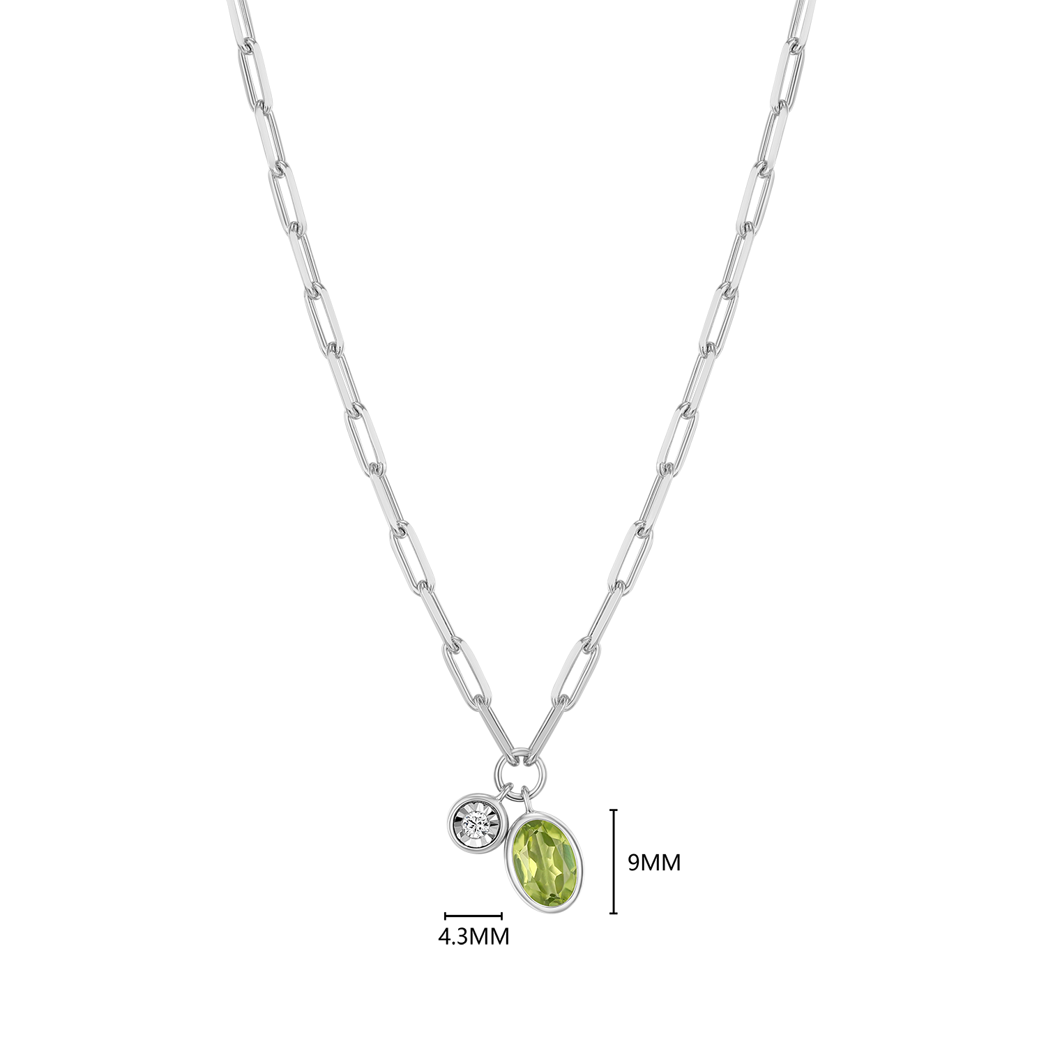 August Birthstone Genuine Peridot & Lab-Created Diamond Mini Paperclip Necklace in Rhodium-Plated Sterling Silver | M by Monte Luna