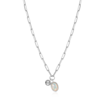 October Birthstone Lab-Created Opal & Lab-Created Diamond Mini Paperclip Necklace in Rhodium-Plated Sterling Silver | M by Monte Luna