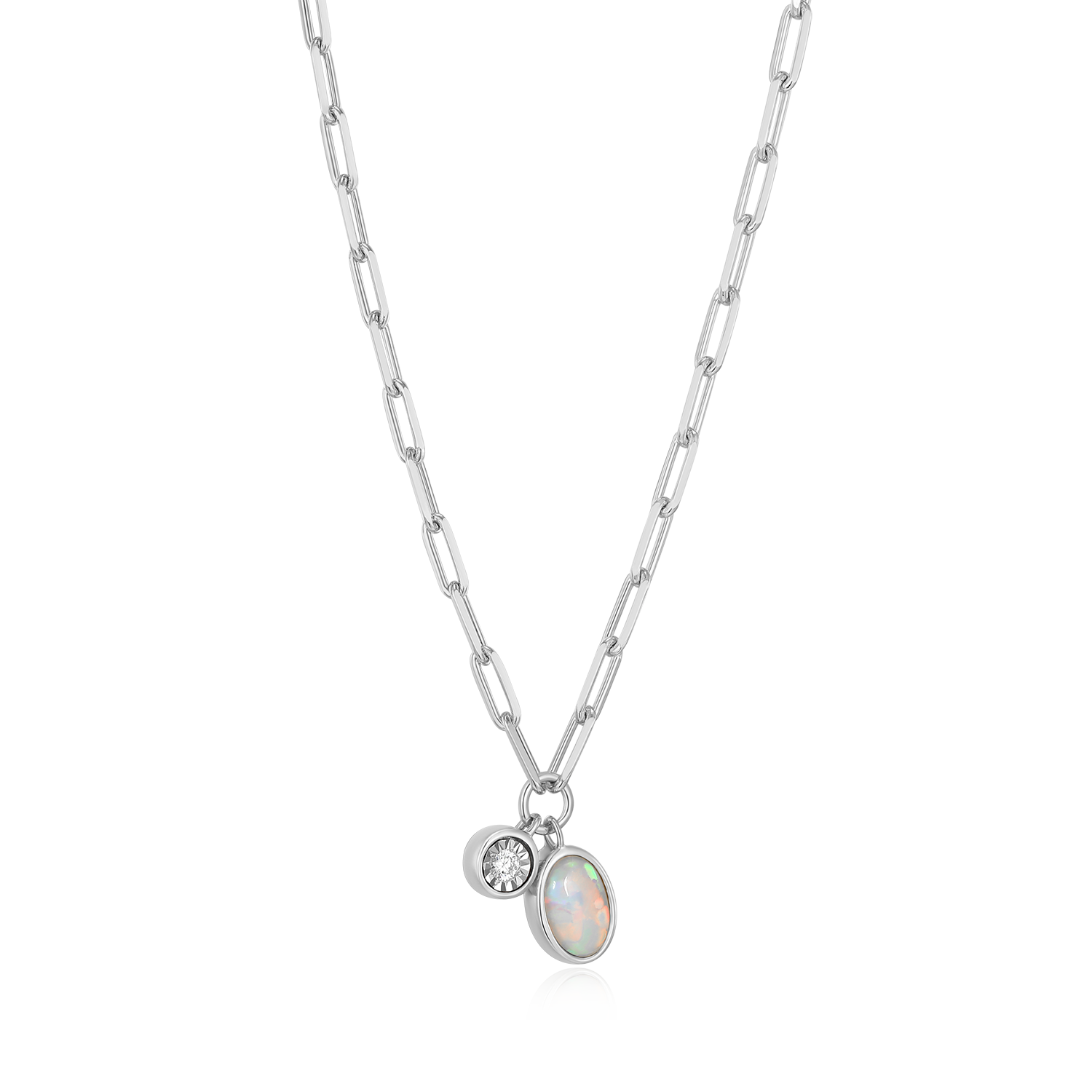 October Birthstone Lab-Created Opal & Lab-Created Diamond Mini Paperclip Necklace in Rhodium-Plated Sterling Silver | M by Monte Luna