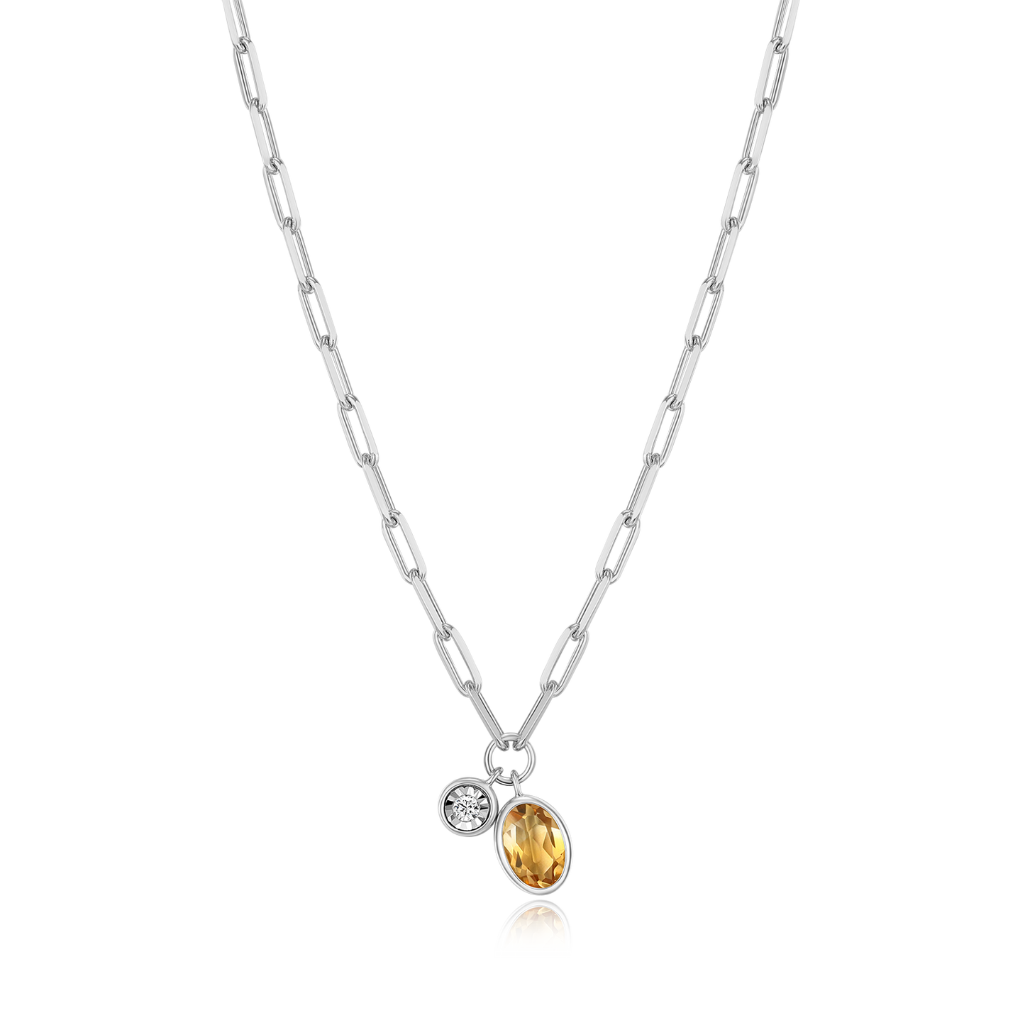 November Birthstone Genuine Citrine & Lab-Created Diamond Mini Paperclip Necklace in Rhodium-Plated Sterling Silver | M by Monte Luna