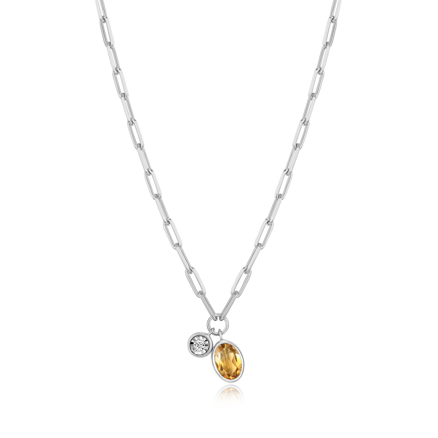 November Birthstone Genuine Citrine & Lab-Created Diamond Mini Paperclip Necklace in Rhodium-Plated Sterling Silver | M by Monte Luna