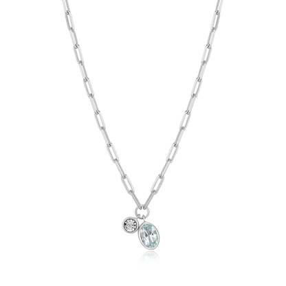March Birthstone Genuine Aquamarine & Lab-Created Diamond Mini Paperclip Necklace in Rhodium-Plated Sterling Silver | M by Monte Luna