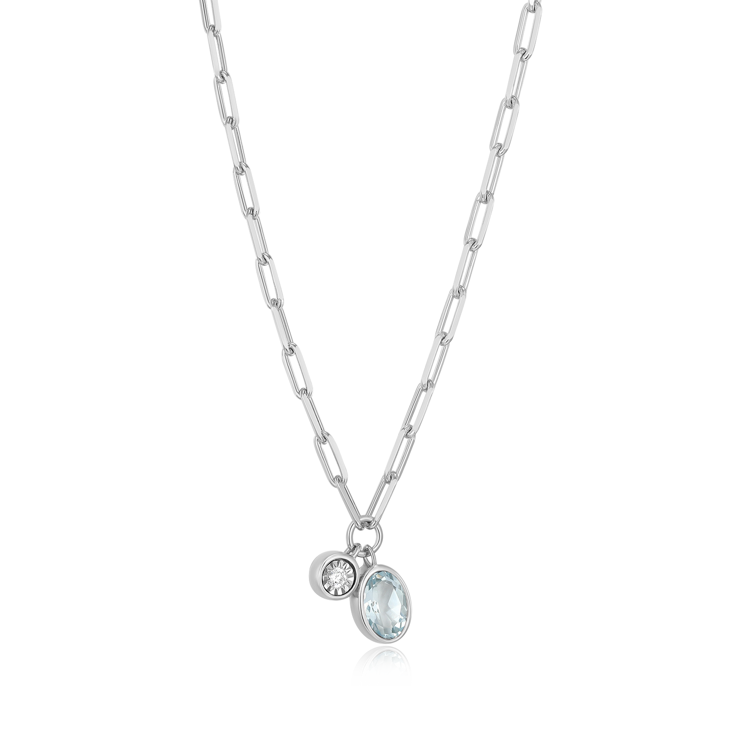 March Birthstone Genuine Aquamarine & Lab-Created Diamond Mini Paperclip Necklace in Rhodium-Plated Sterling Silver | M by Monte Luna