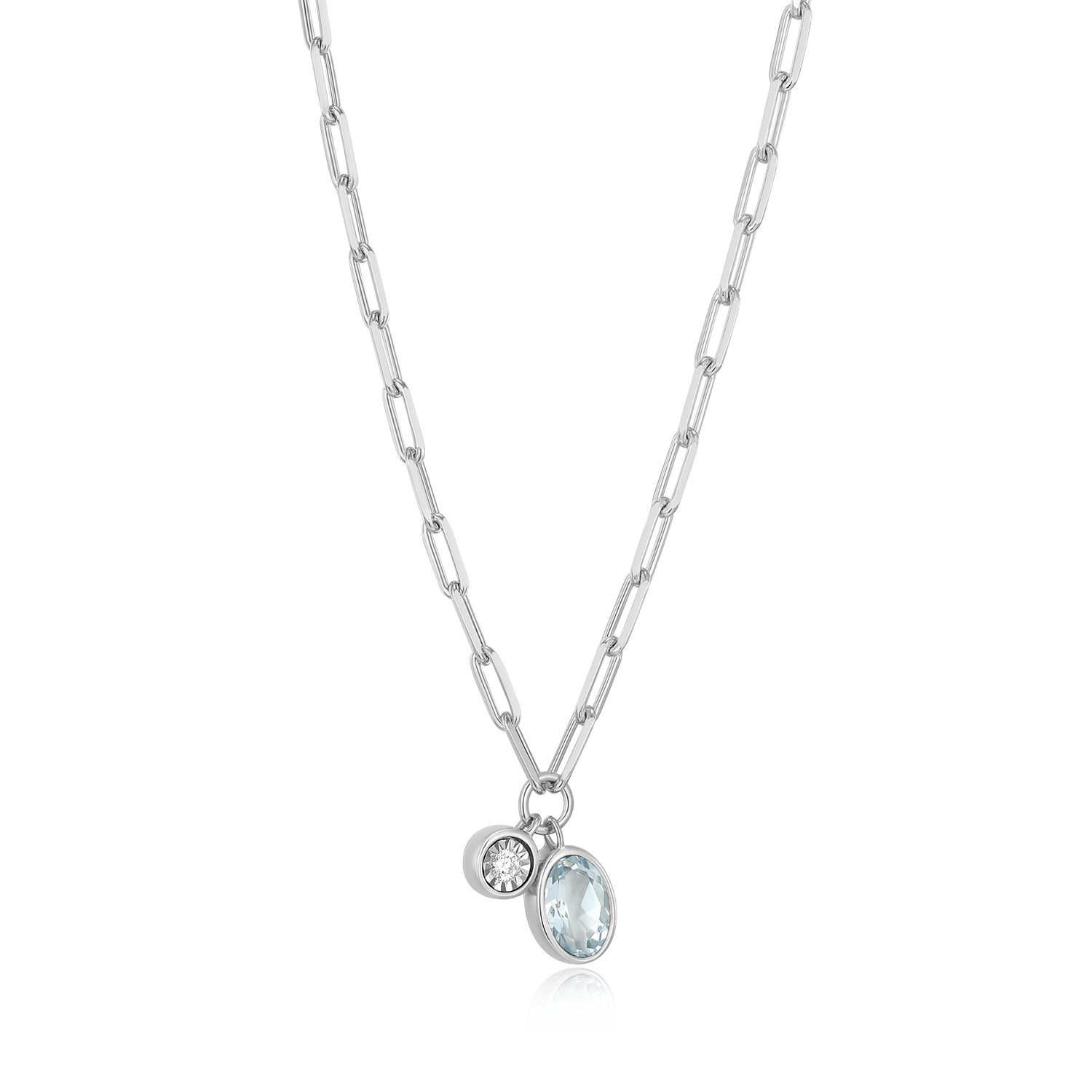 March Birthstone Genuine Aquamarine & Lab-Created Diamond Mini Paperclip Necklace in Rhodium-Plated Sterling Silver | M by Monte Luna