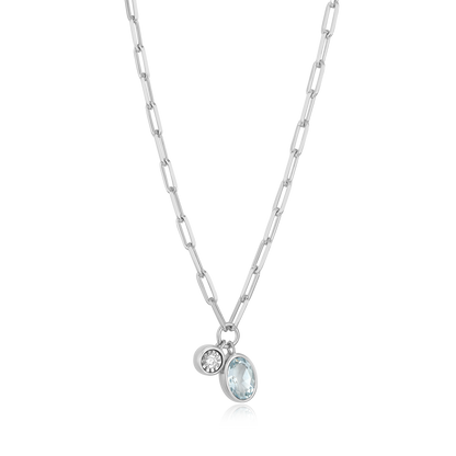 March Birthstone Genuine Aquamarine & Lab-Created Diamond Mini Paperclip Necklace in Rhodium-Plated Sterling Silver | M by Monte Luna