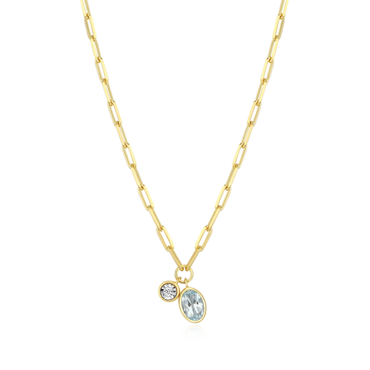 March Birthstone Genuine Aquamarine & Lab-Created Diamond Mini Paperclip Necklace in 14K Yellow Gold-Plated Sterling Silver | M by Monte Luna