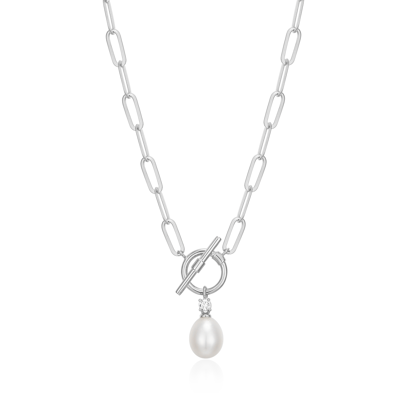 Freshwater Pearl & Lab-Created Diamond Toggle-Look Paperclip Necklace in Rhodium-Plated Sterling Silver | M by Monte Luna