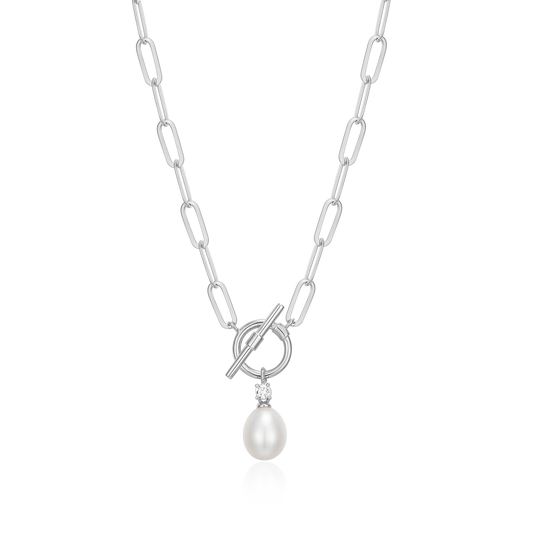 Freshwater Pearl & Lab-Created Diamond Toggle-Look Paperclip Necklace in Rhodium-Plated Sterling Silver | M by Monte Luna