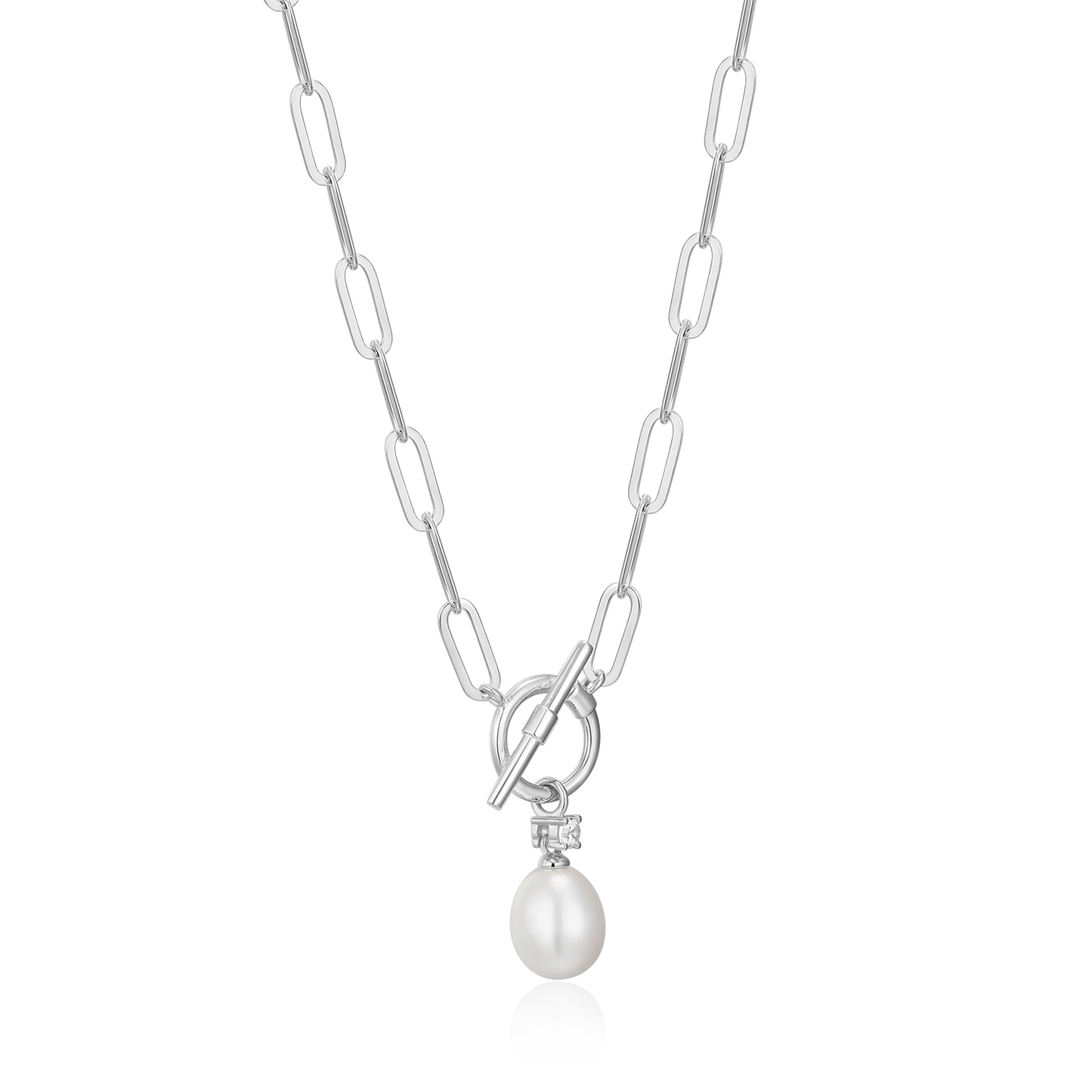 Freshwater Pearl & Lab-Created Diamond Toggle-Look Paperclip Necklace in Rhodium-Plated Sterling Silver | M by Monte Luna