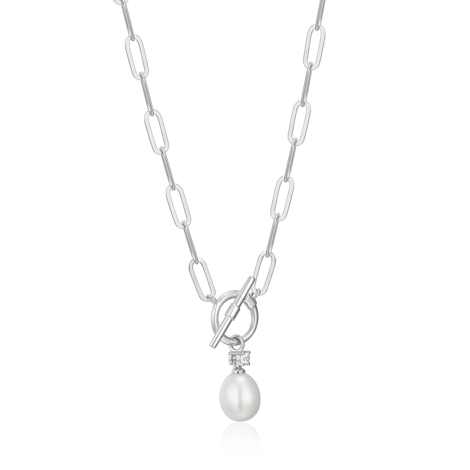 Freshwater Pearl & Lab-Created Diamond Toggle-Look Paperclip Necklace in Rhodium-Plated Sterling Silver | M by Monte Luna