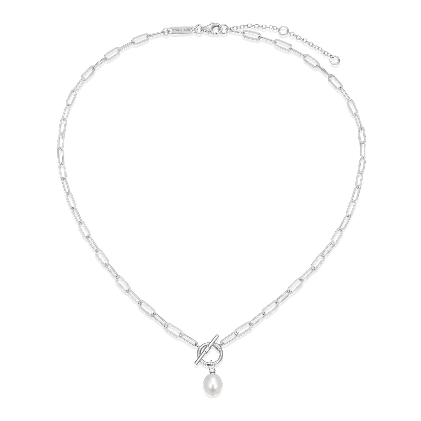 Freshwater Pearl & Lab-Created Diamond Toggle-Look Paperclip Necklace in Rhodium-Plated Sterling Silver | M by Monte Luna