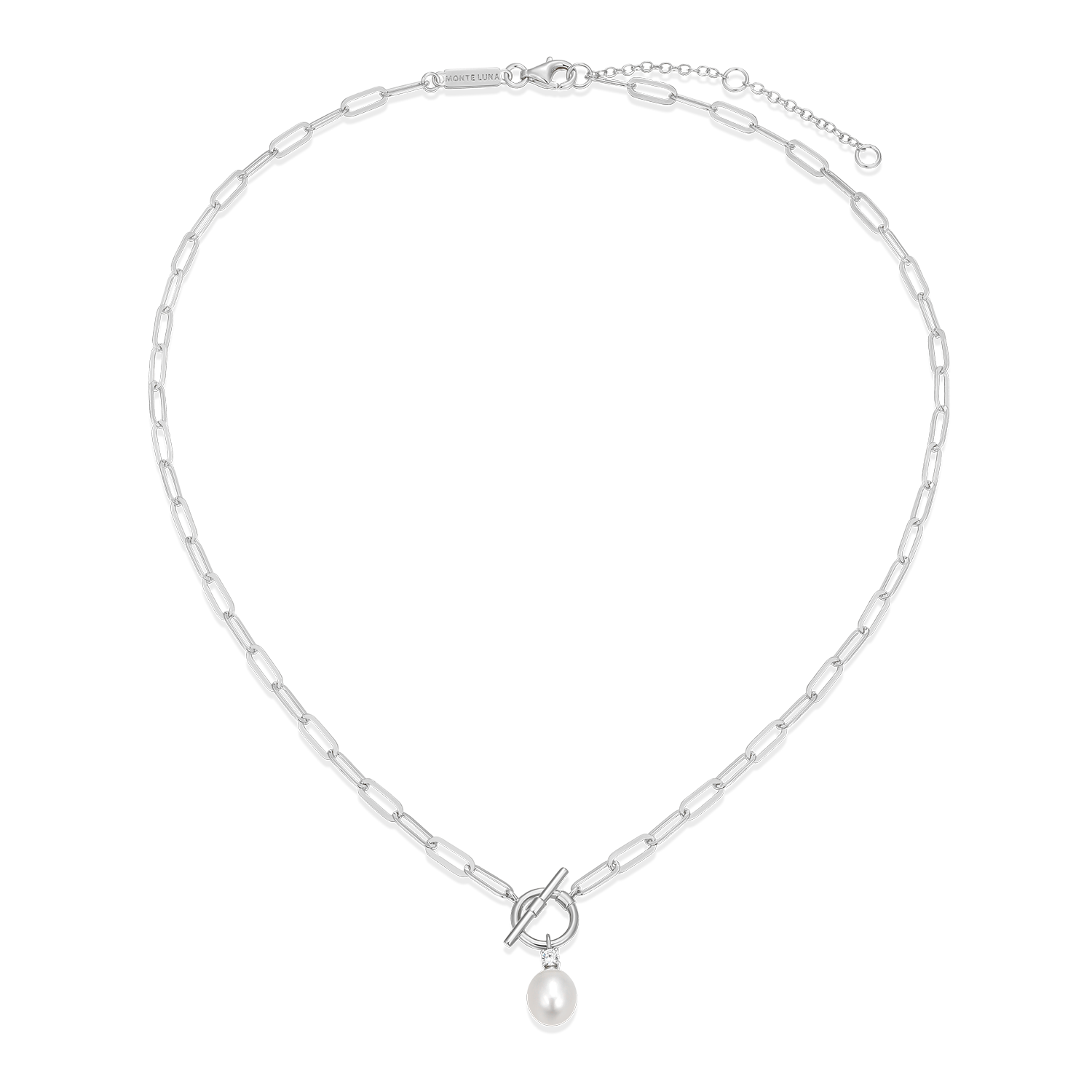 Freshwater Pearl & Lab-Created Diamond Toggle-Look Paperclip Necklace in Rhodium-Plated Sterling Silver | M by Monte Luna