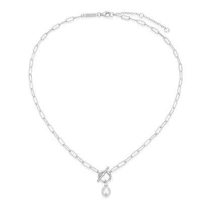 Freshwater Pearl & Lab-Created Diamond Toggle-Look Paperclip Necklace in Rhodium-Plated Sterling Silver | M by Monte Luna