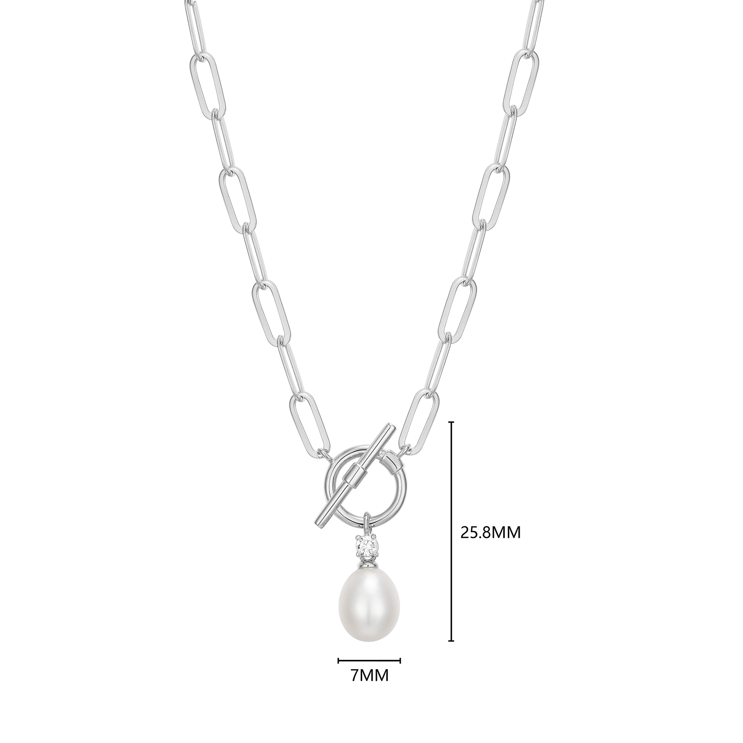 Freshwater Pearl & Lab-Created Diamond Toggle-Look Paperclip Necklace in Rhodium-Plated Sterling Silver | M by Monte Luna