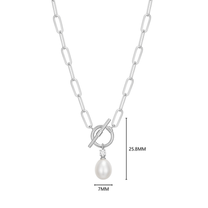 Freshwater Pearl & Lab-Created Diamond Toggle-Look Paperclip Necklace in Rhodium-Plated Sterling Silver | M by Monte Luna