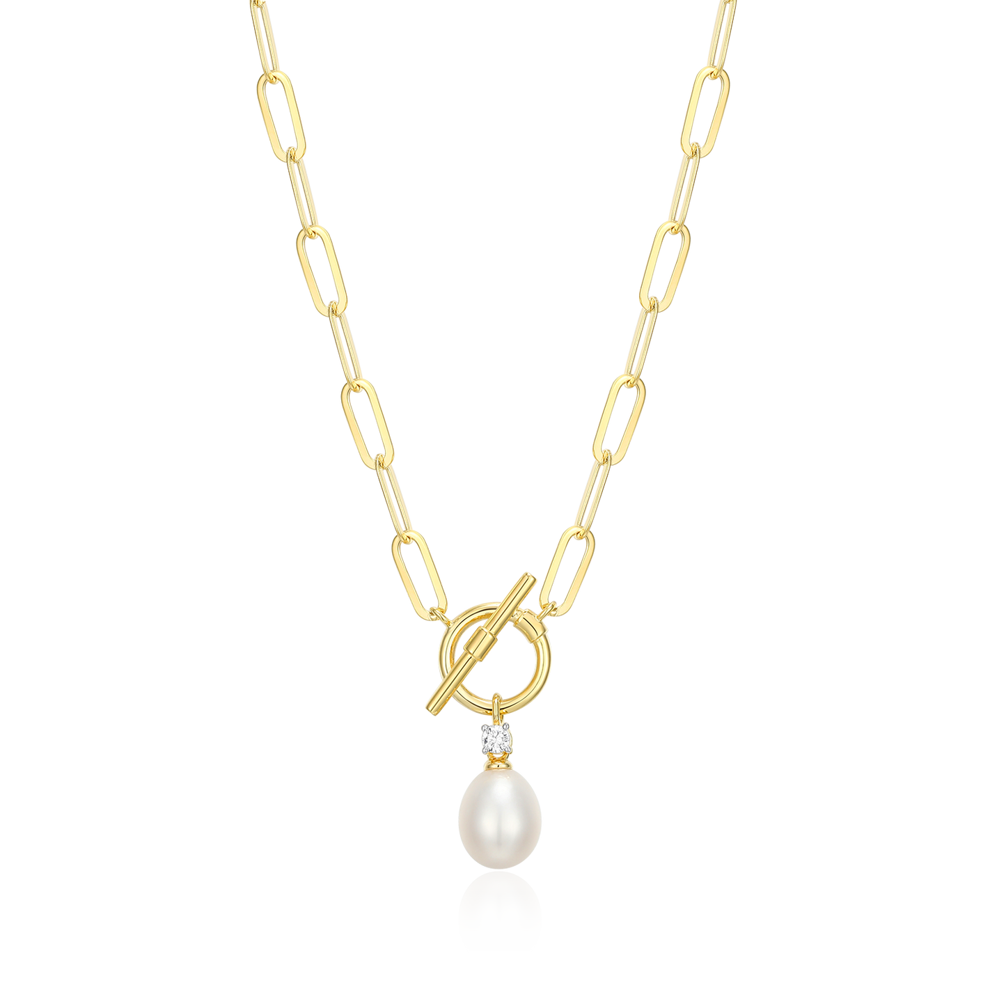 Freshwater Pearl & Lab-Created Diamond Toggle-Look Paperclip Necklace in 14K Yellow Gold-Plated Sterling Silver | M by Monte Luna