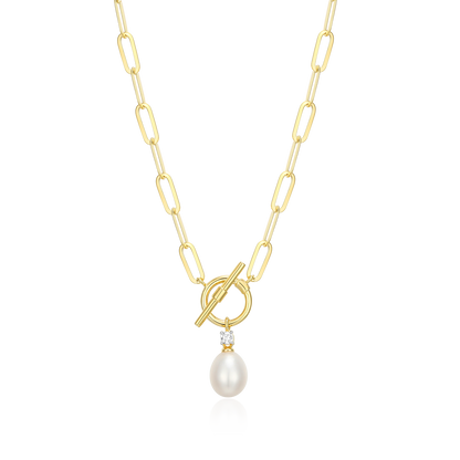 Freshwater Pearl & Lab-Created Diamond Toggle-Look Paperclip Necklace in 14K Yellow Gold-Plated Sterling Silver | M by Monte Luna