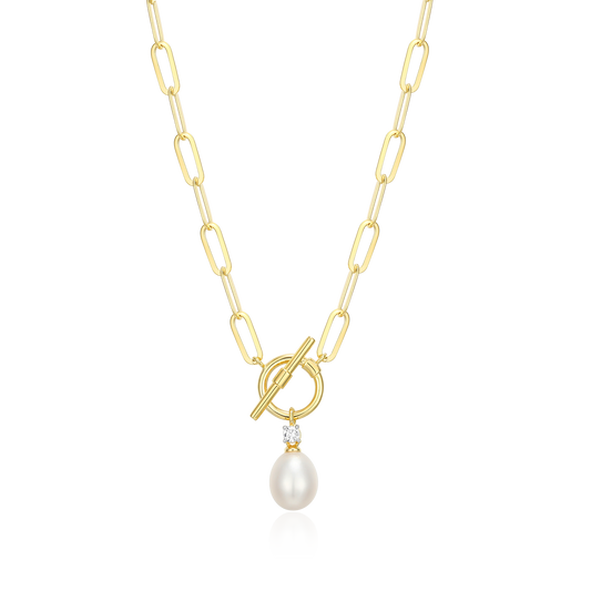 Freshwater Pearl & Lab-Created Diamond Toggle-Look Paperclip Necklace in 14K Yellow Gold-Plated Sterling Silver | M by Monte Luna