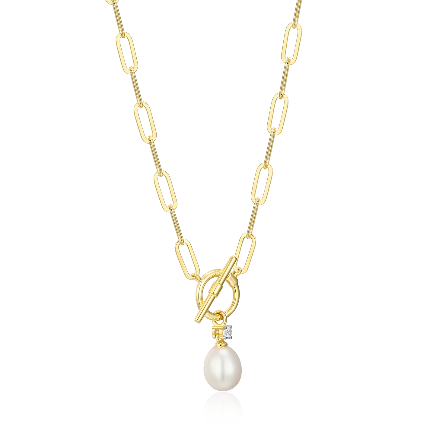Freshwater Pearl & Lab-Created Diamond Toggle-Look Paperclip Necklace in 14K Yellow Gold-Plated Sterling Silver | M by Monte Luna