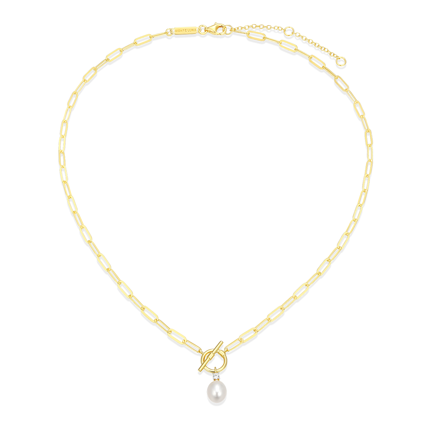 Freshwater Pearl & Lab-Created Diamond Toggle-Look Paperclip Necklace in 14K Yellow Gold-Plated Sterling Silver | M by Monte Luna