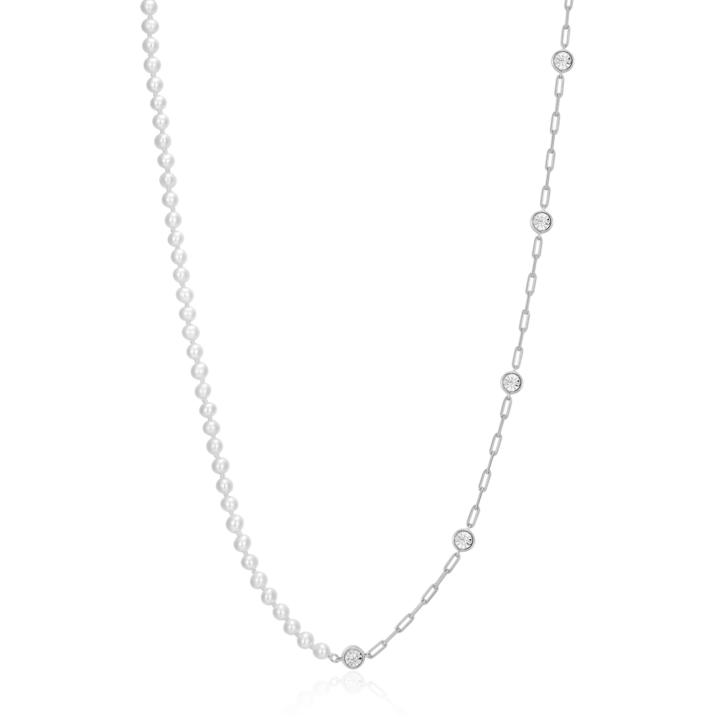 Freshwater Baby Pearl & Lab-Created Diamond Station Paperclip Necklace in Rhodium-Plated Sterling Silver | M by Monte Luna