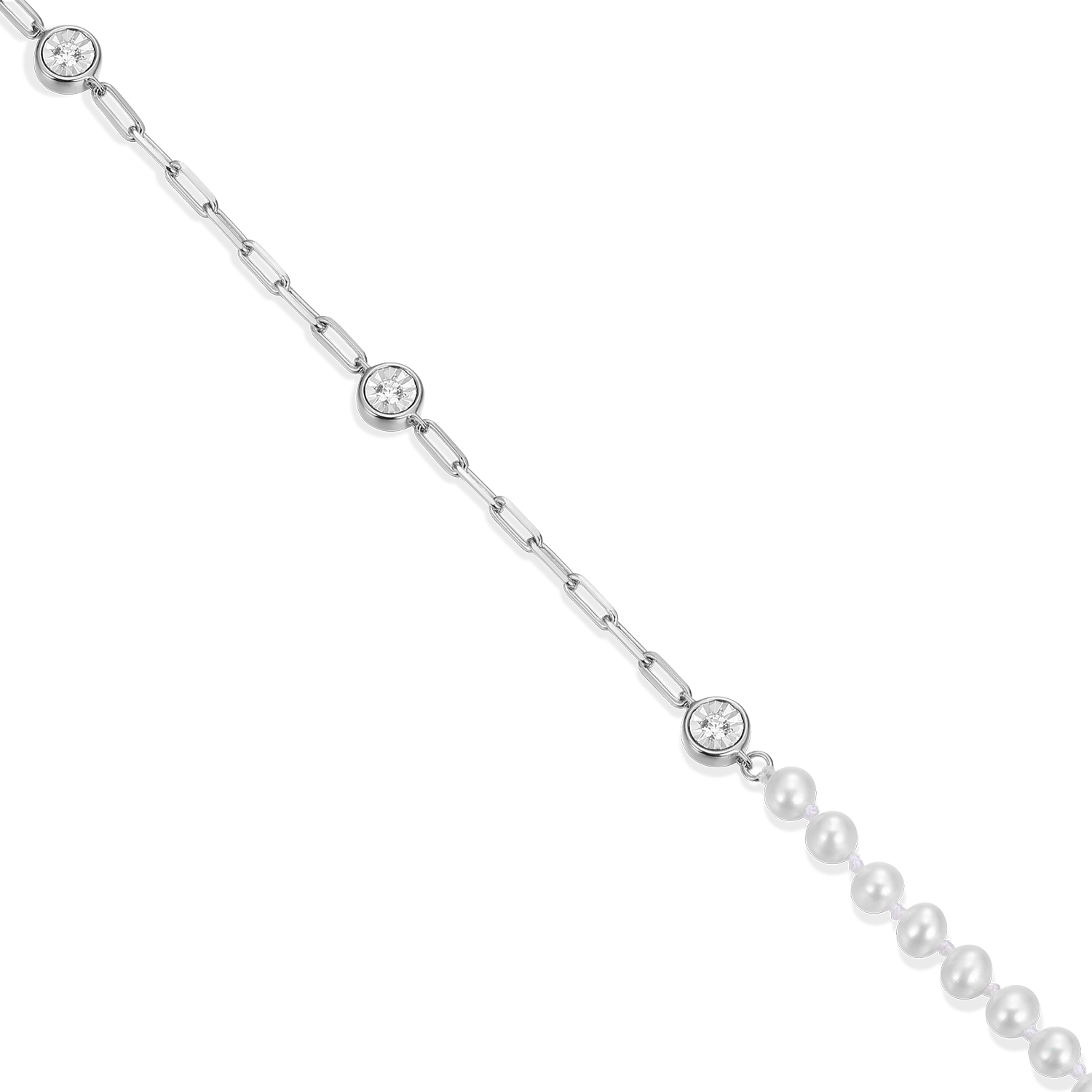 Freshwater Baby Pearl & Lab-Created Diamond Station Paperclip Necklace in Rhodium-Plated Sterling Silver | M by Monte Luna