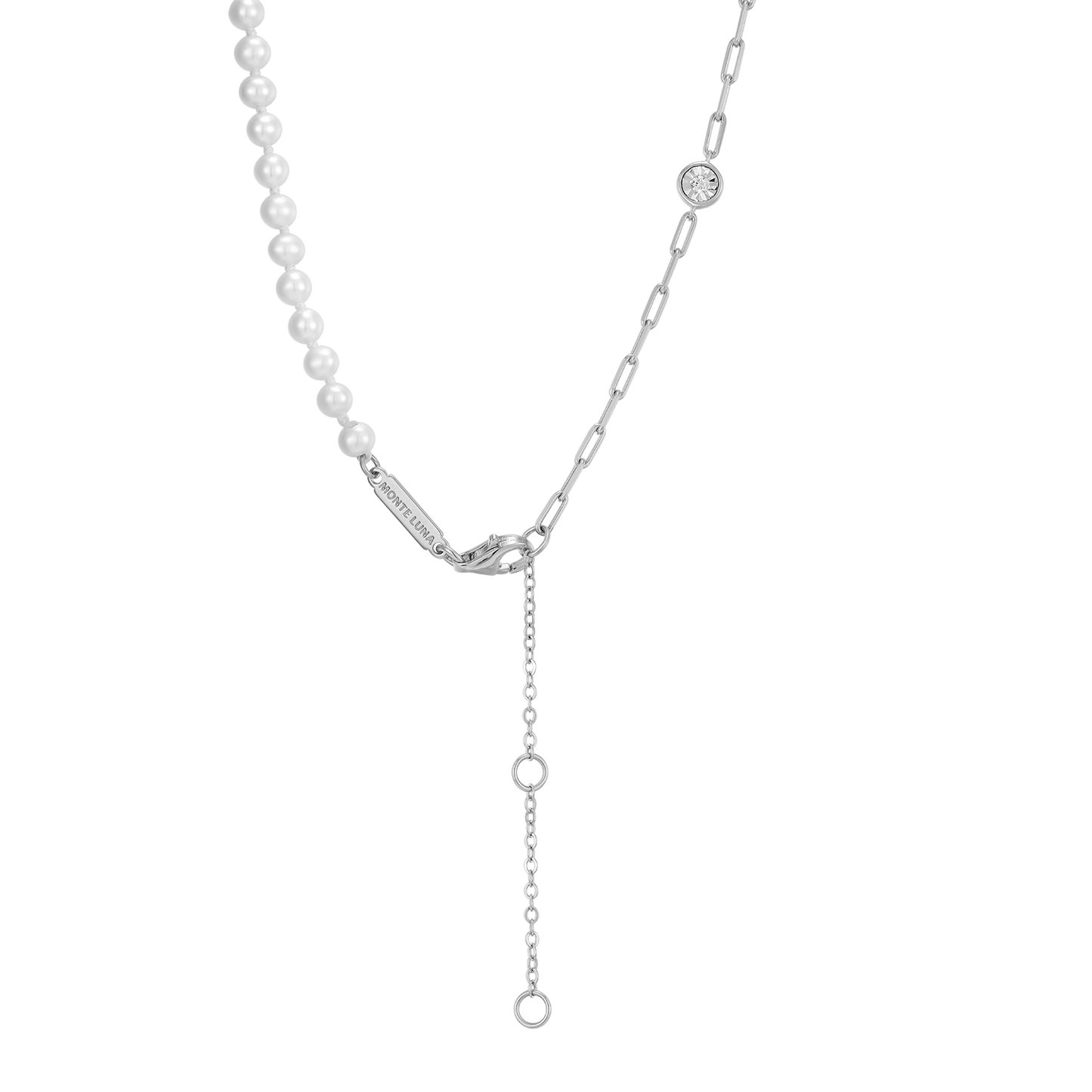 Freshwater Baby Pearl & Lab-Created Diamond Station Paperclip Necklace in Rhodium-Plated Sterling Silver | M by Monte Luna