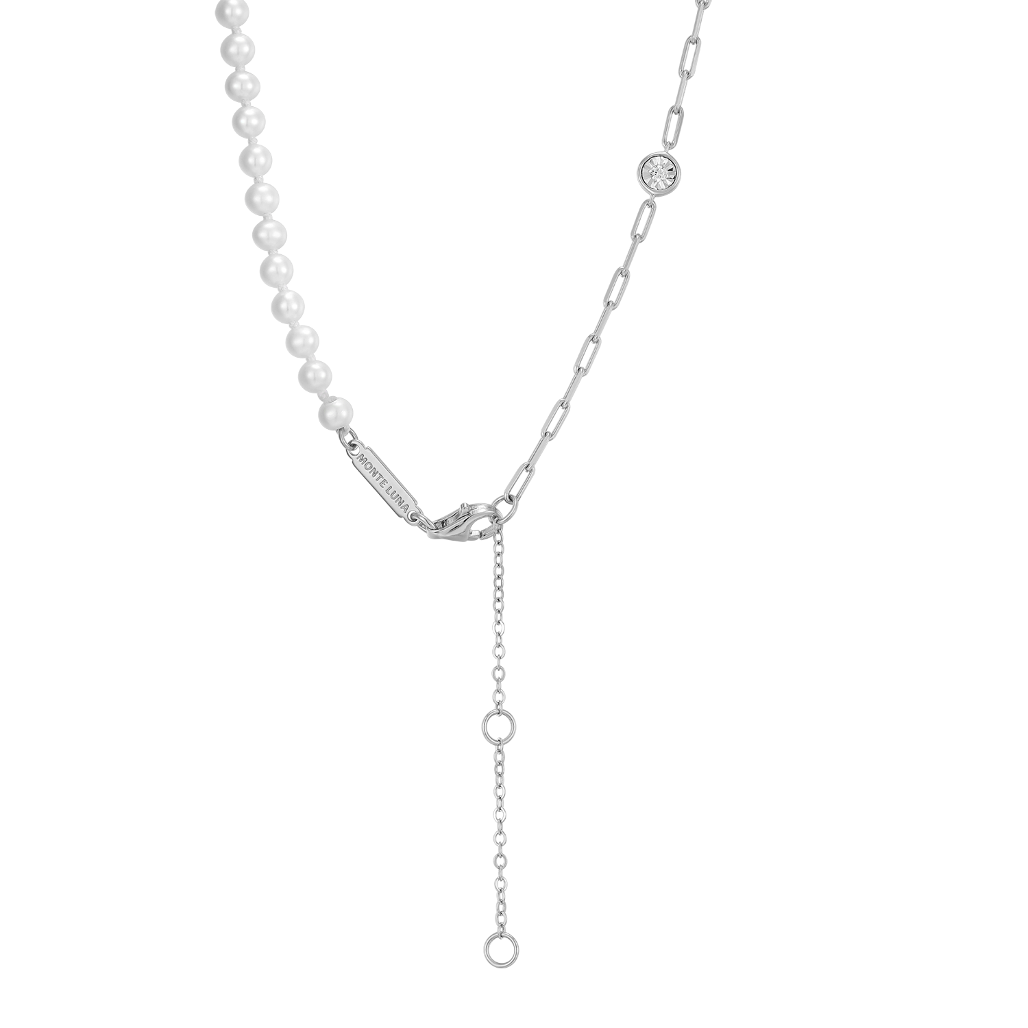 Freshwater Baby Pearl & Lab-Created Diamond Station Paperclip Necklace in Rhodium-Plated Sterling Silver | M by Monte Luna