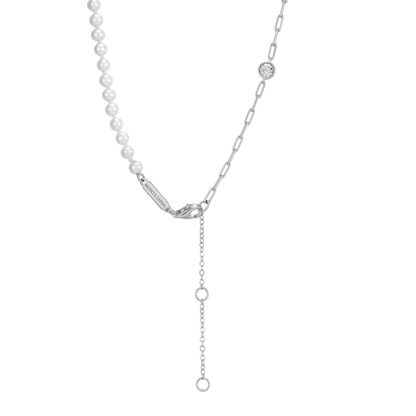 Freshwater Baby Pearl & Lab-Created Diamond Station Paperclip Necklace in Rhodium-Plated Sterling Silver | M by Monte Luna