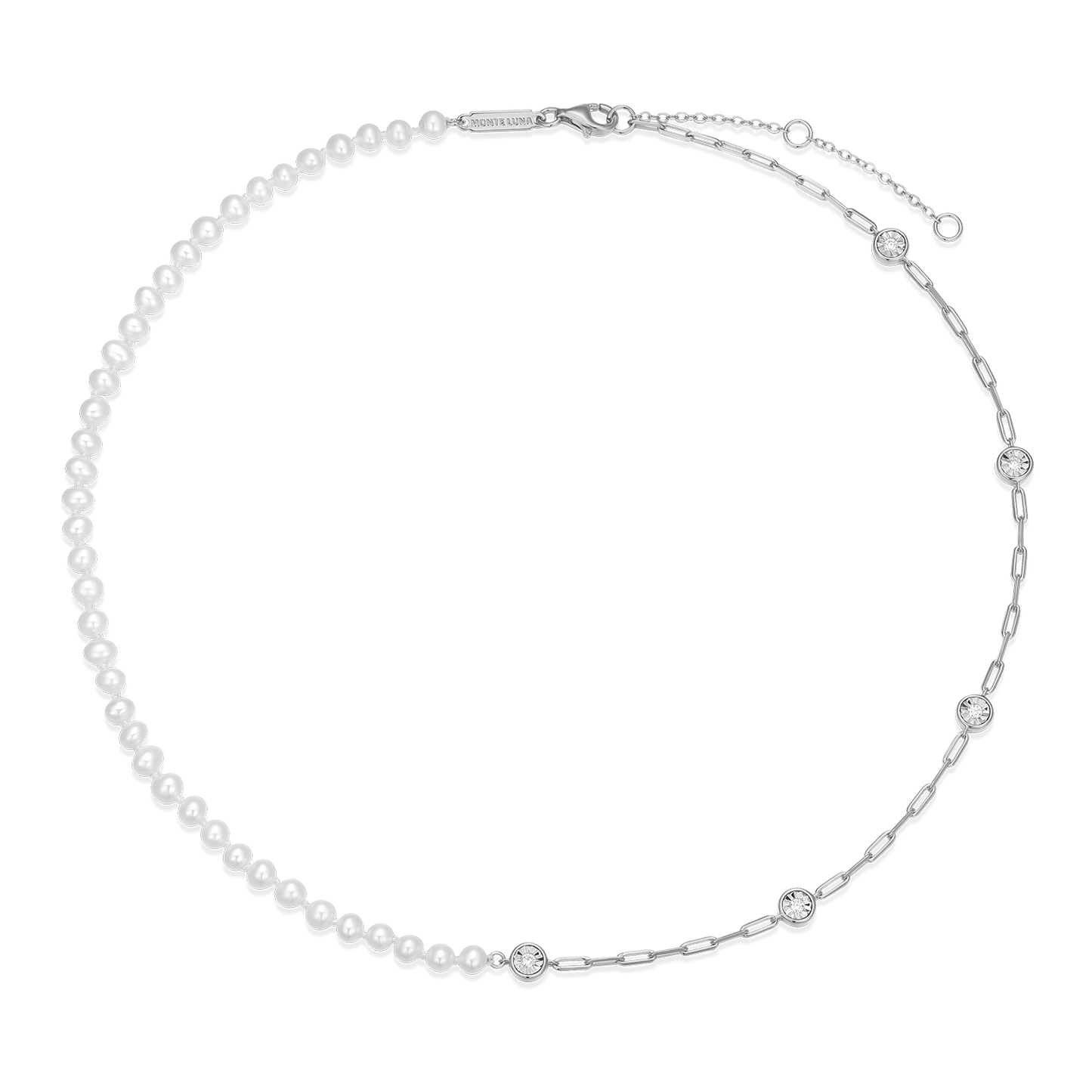 Freshwater Baby Pearl & Lab-Created Diamond Station Paperclip Necklace in Rhodium-Plated Sterling Silver | M by Monte Luna