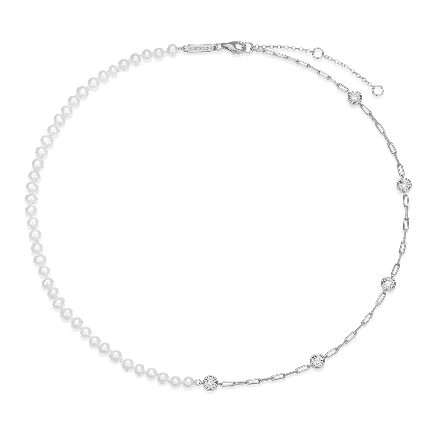 Freshwater Baby Pearl & Lab-Created Diamond Station Paperclip Necklace in Rhodium-Plated Sterling Silver | M by Monte Luna