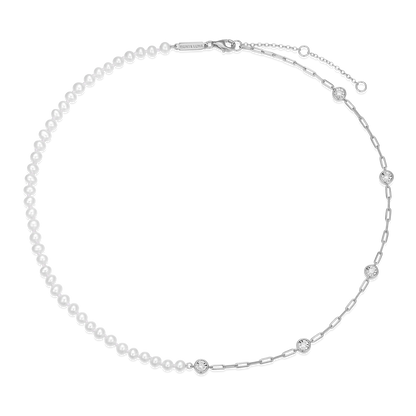 Freshwater Baby Pearl & Lab-Created Diamond Station Paperclip Necklace in Rhodium-Plated Sterling Silver | M by Monte Luna